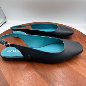 ROAN Woken Black Leather Slingback Square Toe Flats Turquoise Lining Women's 11
